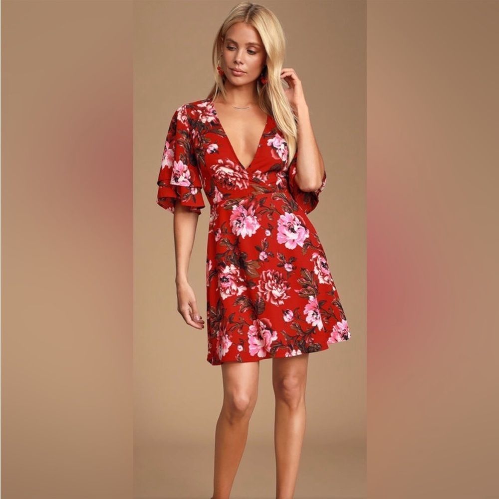 LULU’S Laclair Red Floral Print V-Neck Mini Skater Dress XL NWT